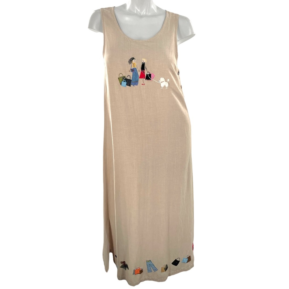 Lemon Grass Vintage Sleeveless Maxi Dress w/ Shopping & Poodles Embroidery Small